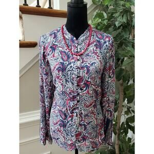New Directions Womens Multi Paisley Long Sleeve Button Front Top Blouse Large